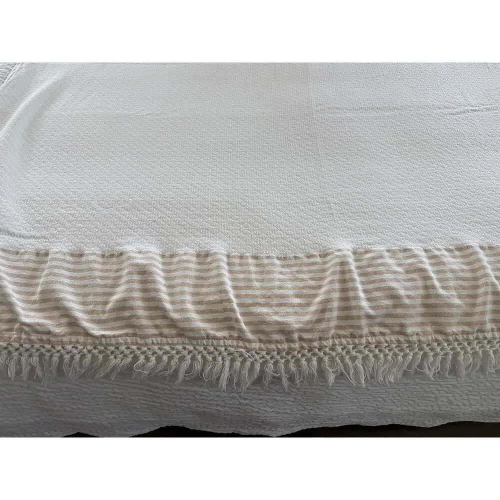 Lilly Pulitzer Gold Stripe Fringe Cotton Throw Blanket White 66x66 Square Resort